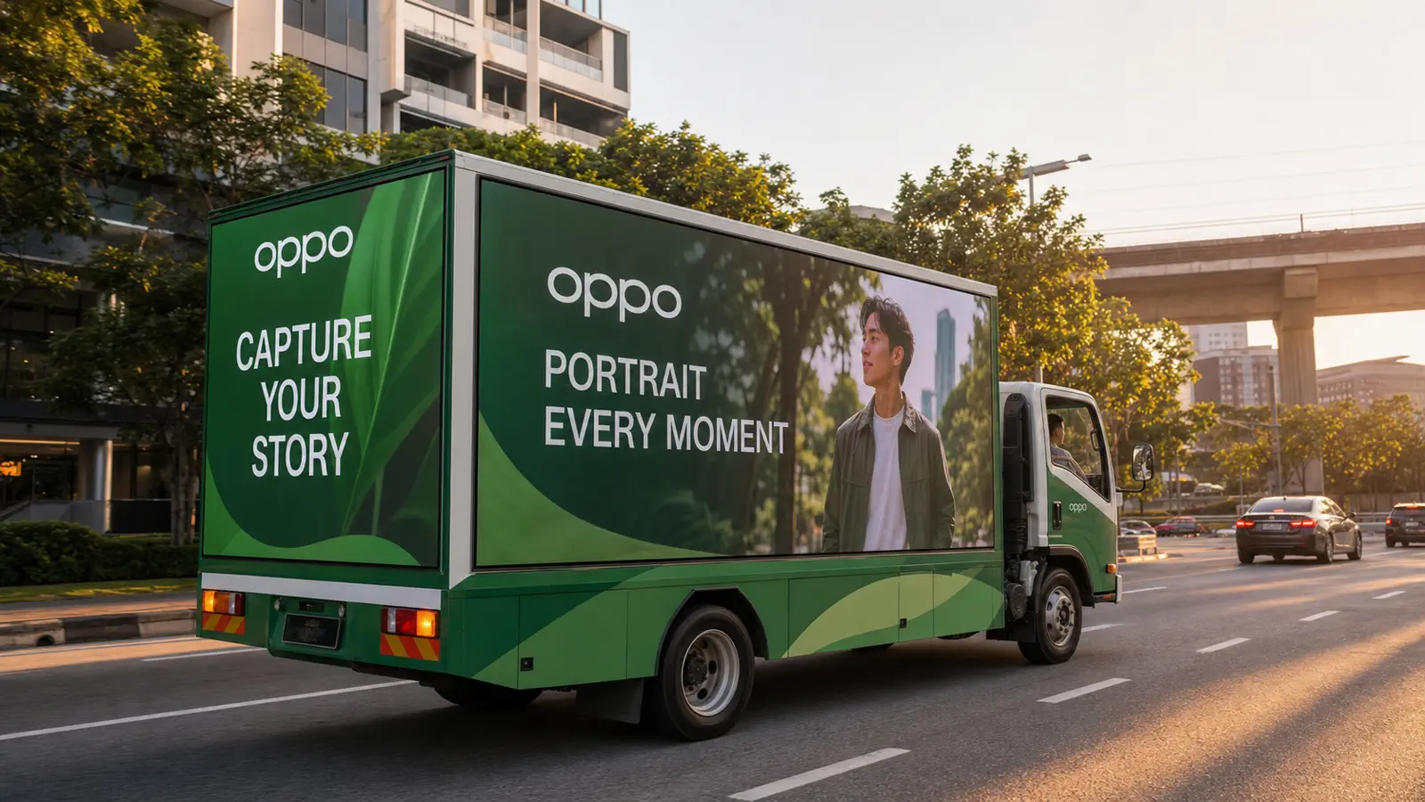 Closed Roving LED rental truck for road-safe mobile portrait-brand visibility along an urban commercial route in Kota Damansara, Selangor