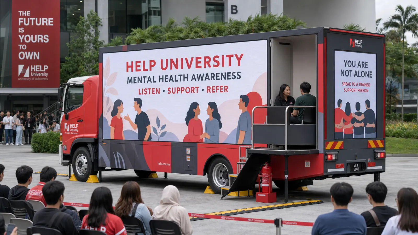 Dual / Three-Sided LED rental truck for mental-health awareness, supportive conversation and referral information in Damansara, Selangor