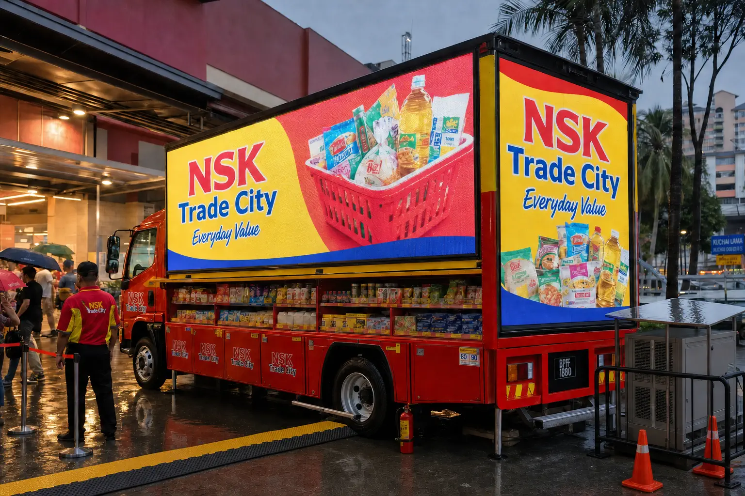 Dual / Three-Sided LED rental truck for supermarket value campaign in wet weather in Kuchai Lama, Kuala Lumpur