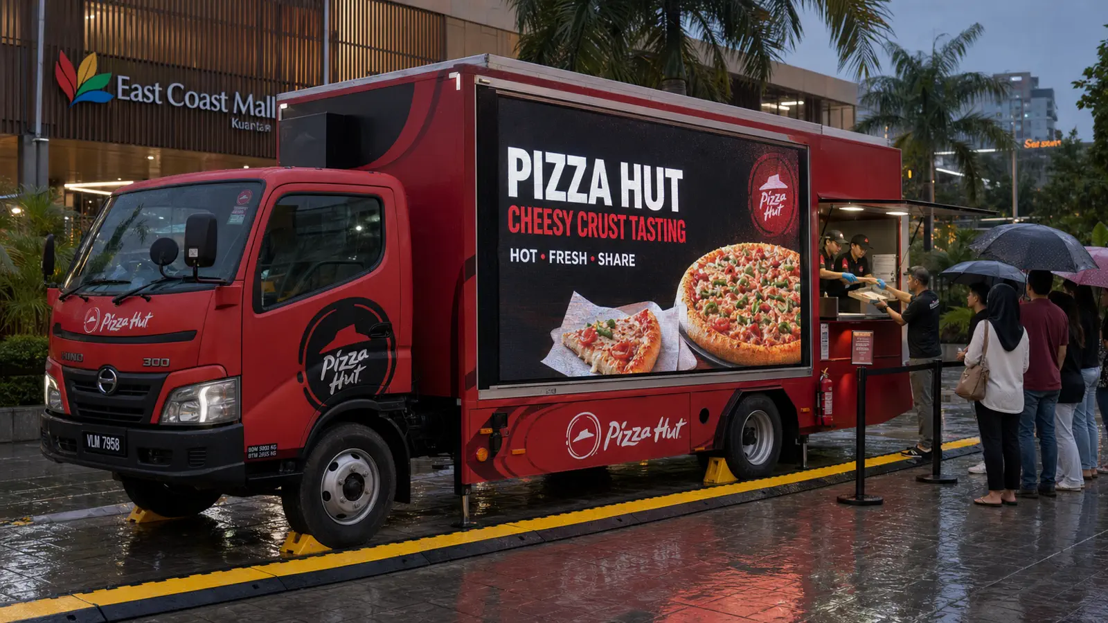 LED + Activation rental truck for rain-ready product storytelling and controlled adult tasting portions in Kuantan, Pahang