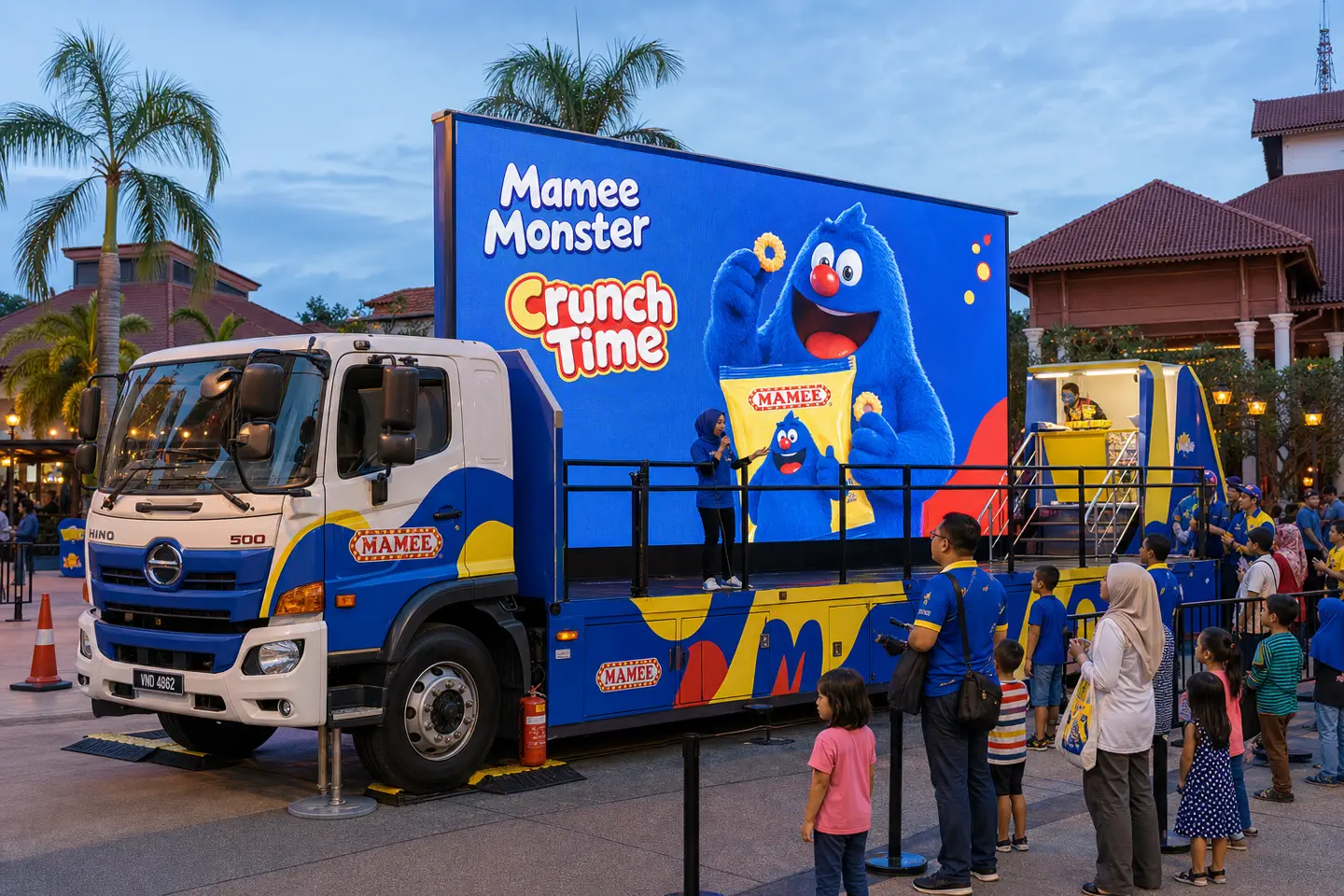 Mobile LED Stage rental truck for family snack launch and live presenter activation in Ayer Keroh, Melaka