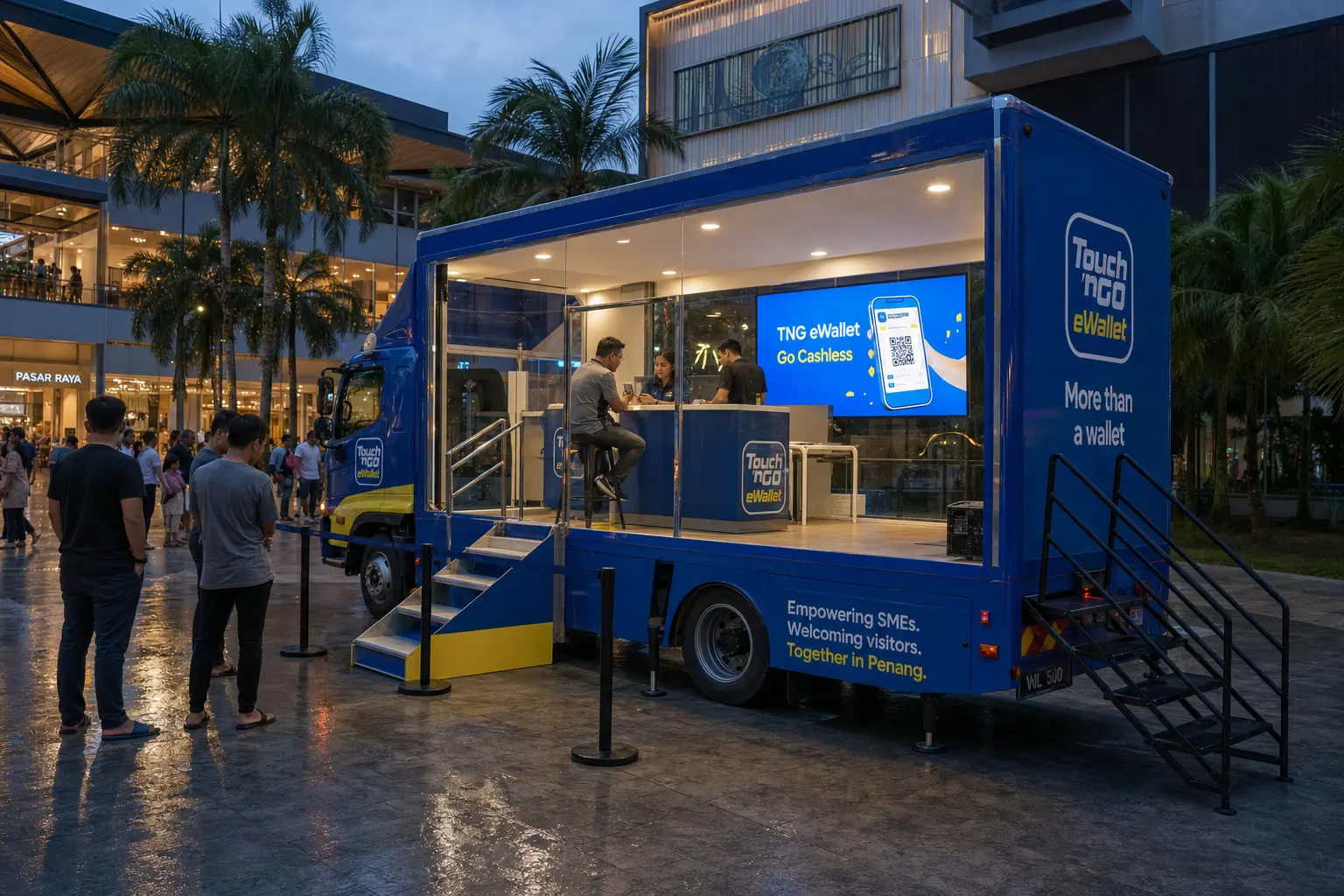 Mobile Showroom Rental rental activation in Batu Ferringhi, Penang, shown as a complete LED truck