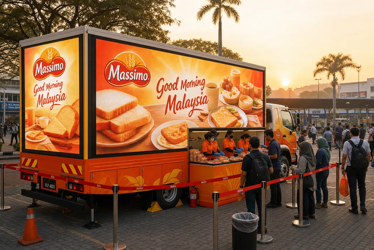 17-foot fully wrapped dual-screen LED roadshow truck format in Rawang, Selangor