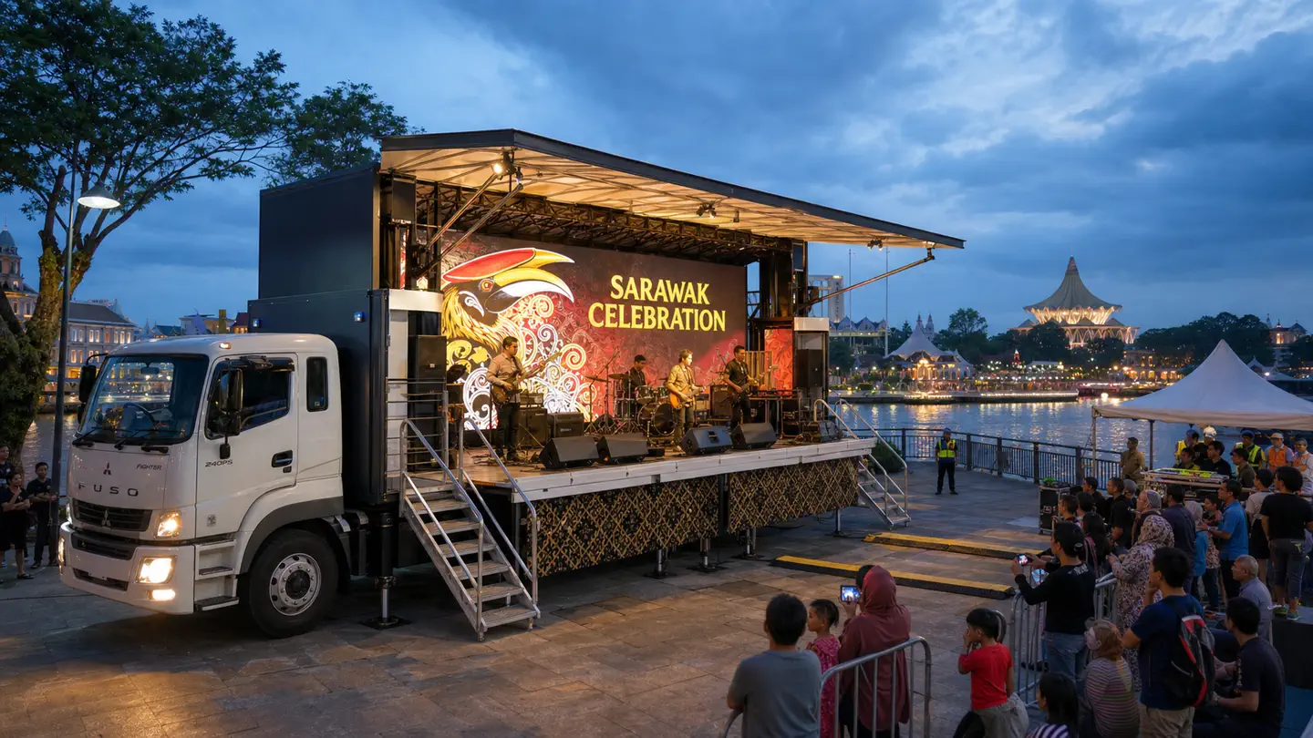 Waterfront mobile LED stage rental concept in Sarawak